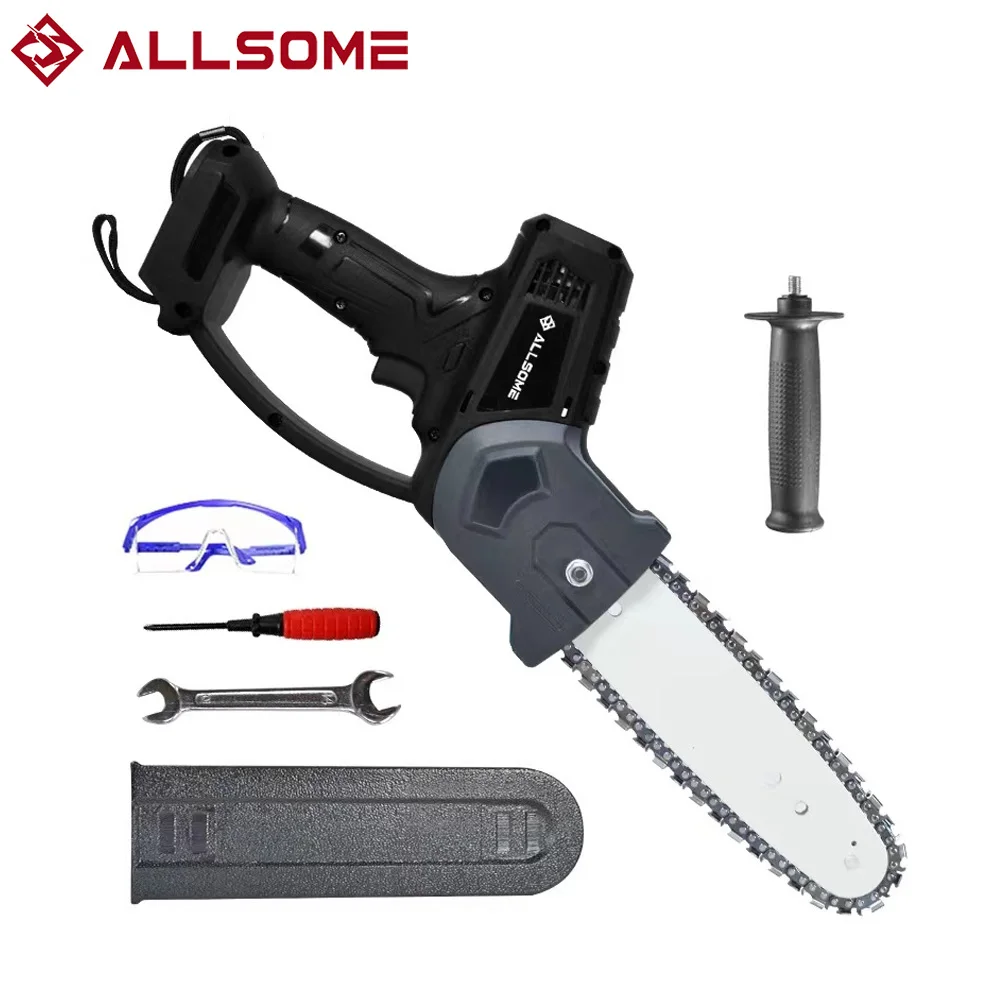 ALLSOME 8 In. Mini Electric Cordless Chainsaw Handheld Chain Saw Pruning Shears for Tree Branch Wood Cutting