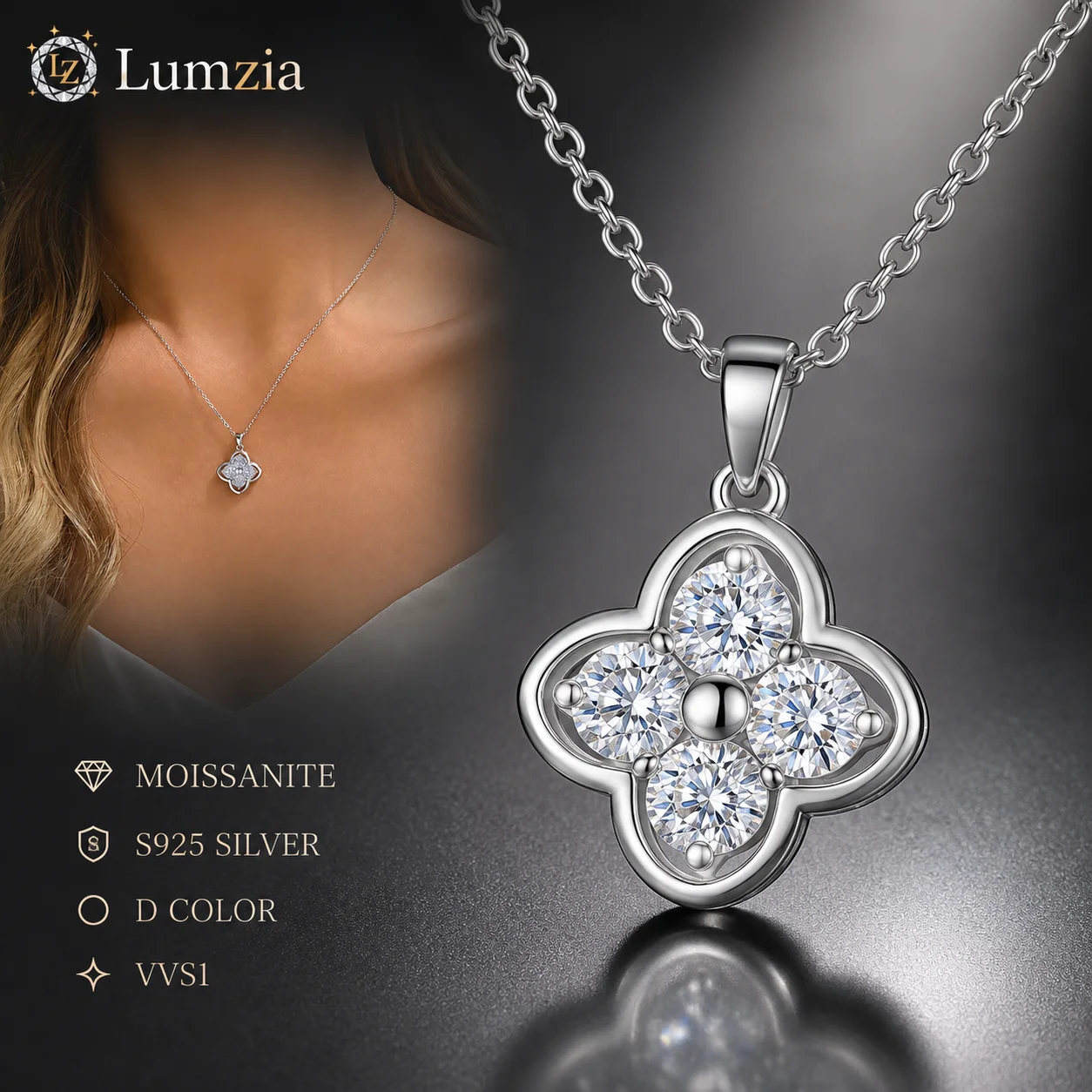Moissanite Four Leaf Clover Necklace S925 Sterling Silver 2CT Round Stone 45+5cm Chain Fine Jewelry Gift for Women