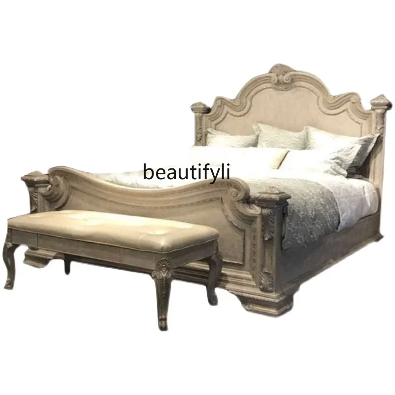 

smt14 American solid wood carving flower bed French revival mark old double European hand carving retro