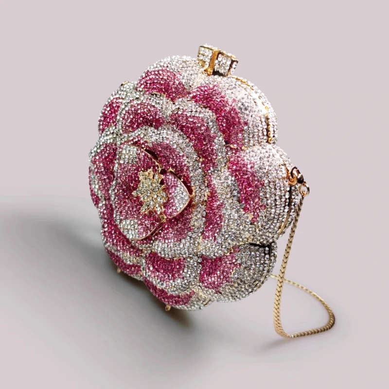 Rose Flower Pink Rhinestones Clutch Women Floral Yellow Crystal Evening Bags Bridal Wedding Party Clutch Purse and Handbags