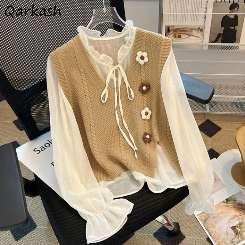 Women Sets Sweater Vest 3D Flower Side Slit Solid Blouse Edible Tree Fungus Lace Up School Girls Sweet Cute Autumn Korean-style