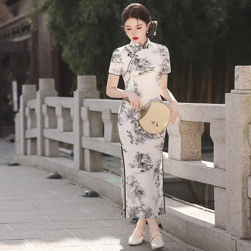 

Chinese Fashion Traditional Dress Qipao Female Slim Young Dress Vintage Printing Women National Style Long Cheongsam New