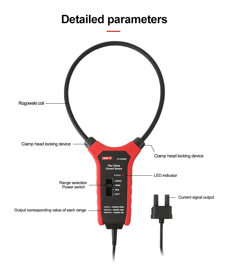 UNI-T-AC Corrente Flexível Clamp Meter, Medidor de Freqüência, Sensor Flex, UT206B, UT208B, UT-CS09D, 3000A