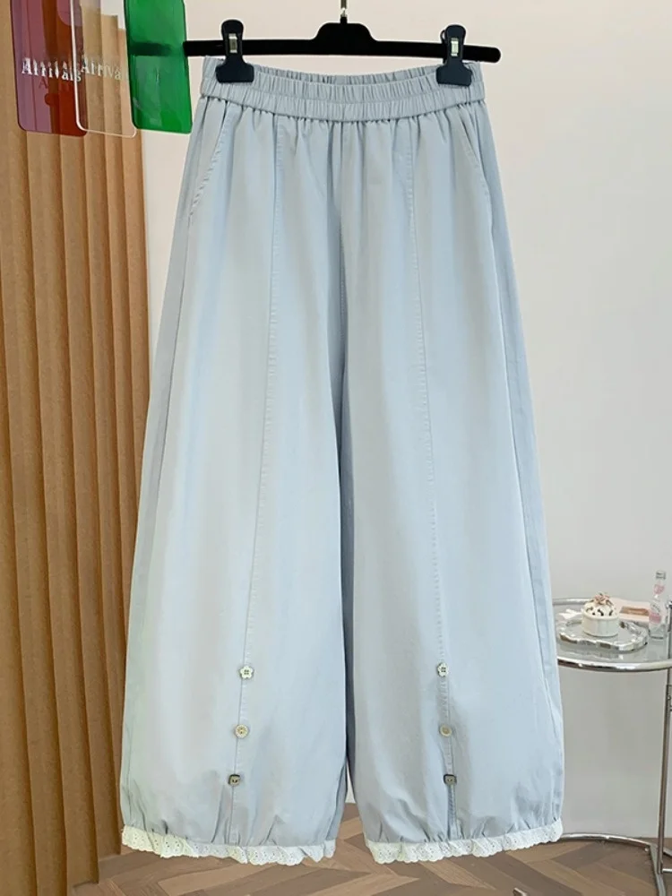 Summer New Pure Cotton Lace Trim Splice Bloom Pants Women Elastic High Waist Lantern Pants Small Size Cuffed Wide Leg Pants