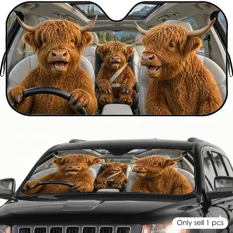 Funny Highland Cow Family Sun Visor Car Windshield Sunshade UV Protection Reflective Foldable Heat Insulation Cover