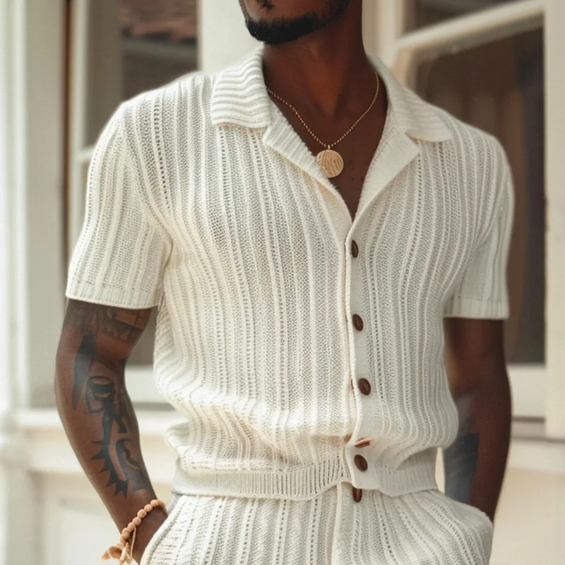Summer New Casual Vertical Pattern Suit Slim Lapel Collar Short-sleeved Button-up Shirt Shorts Men's Wool