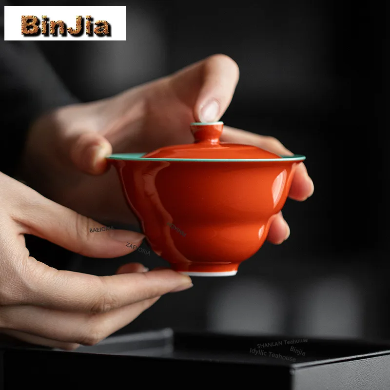 BAEJORIA 120ml Retro Palace Red Gaiwan Creative Turquoise Gourd Tea Tureen Tea Bowl With Lid Kit Tea Maker Cover Bowl Tea Craft