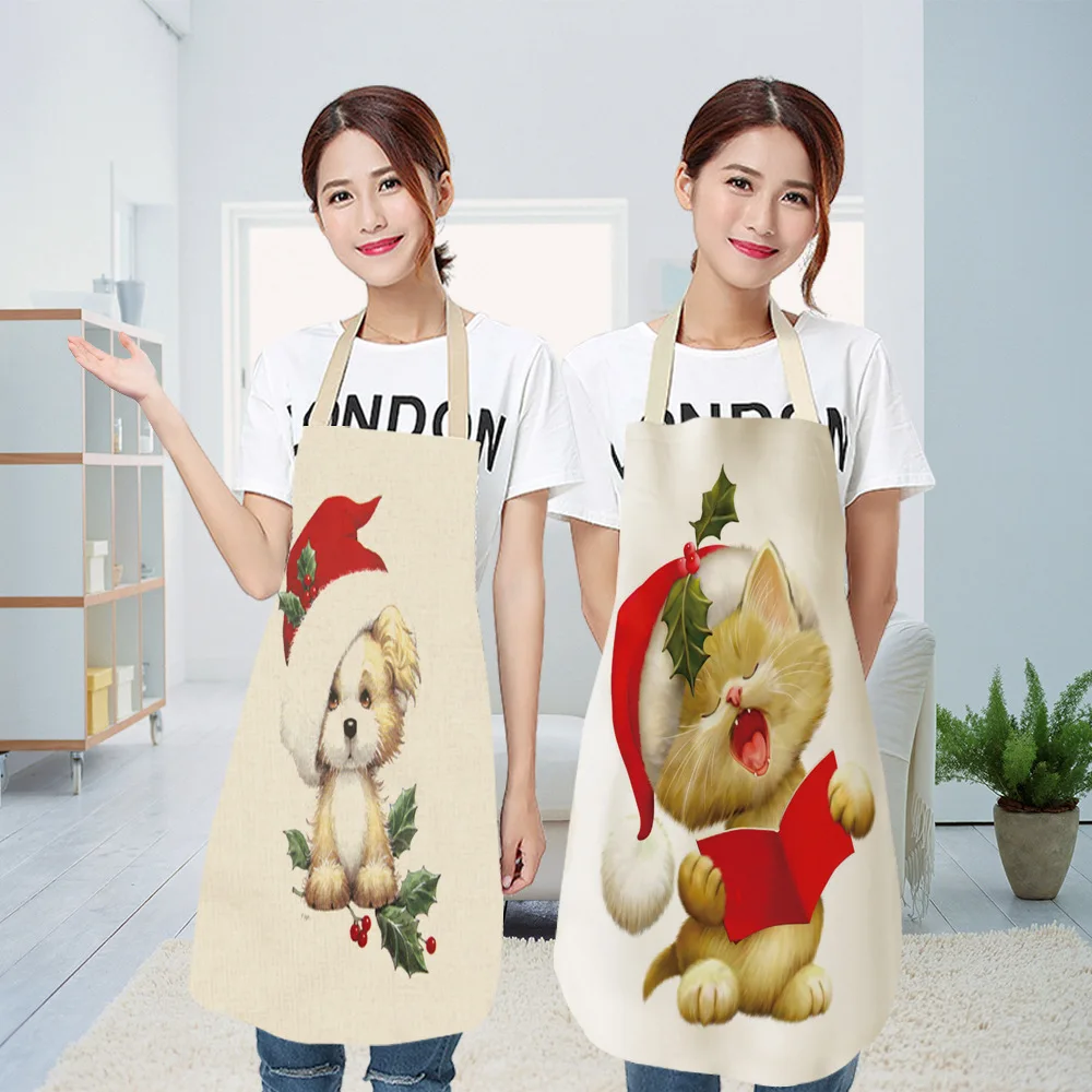 1Pcs Kitchen Apron Christmas horse farm Printed Sleeveless Cotton Linen Aprons for Men Women Home Cleaning Tools 55x68cm