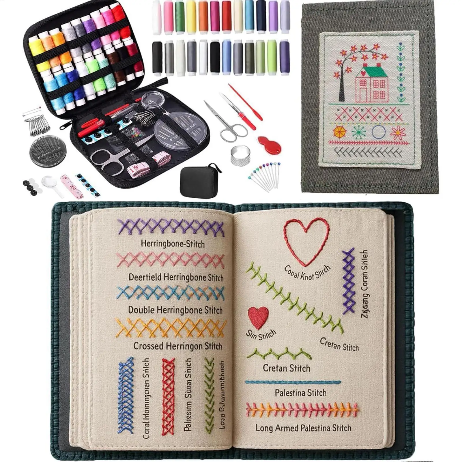 Embroidery Stitches Book Kit 106 Patterns Portable Instructional Tutorial Sewing Tools Adults Beginners Hand Embroidery Kit