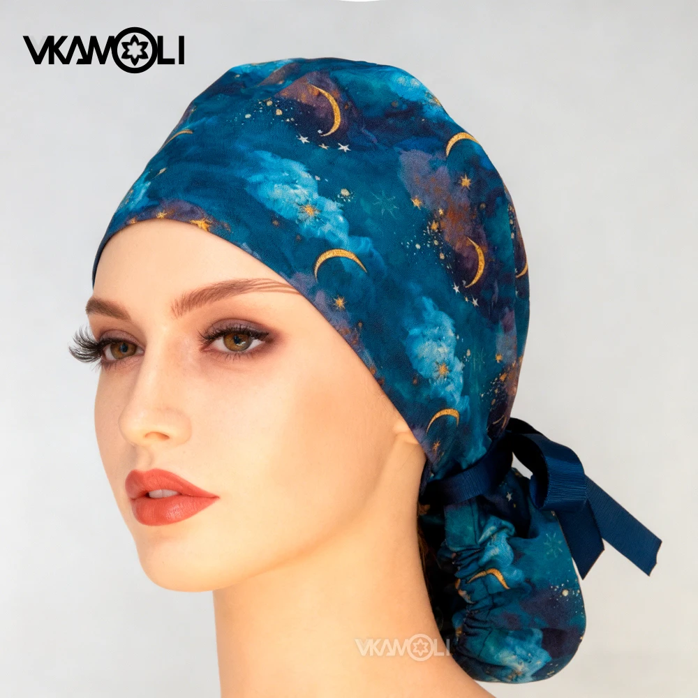 2025 nuevo gorro exfoliante forrado de satén de alta calidad para cabello largo, gorro para cabeza de médico y enfermera, gorro exfoliante con estampado de cielo estrellado de ensueño para mujer
