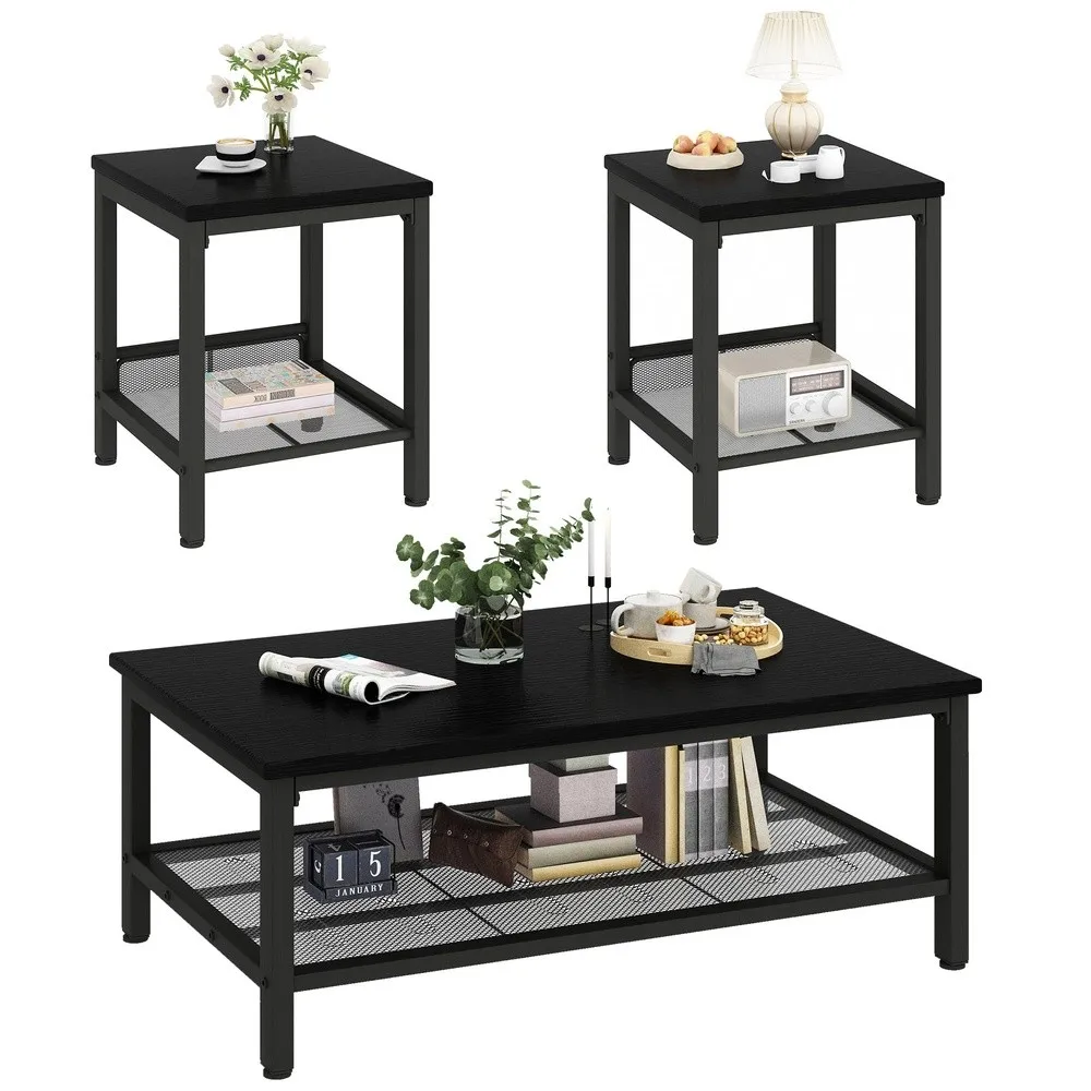 Coffee Table Set of 3 Industrial Coffee Table with 2 Square End Side Tables Modern Living Room Table Set with Metal