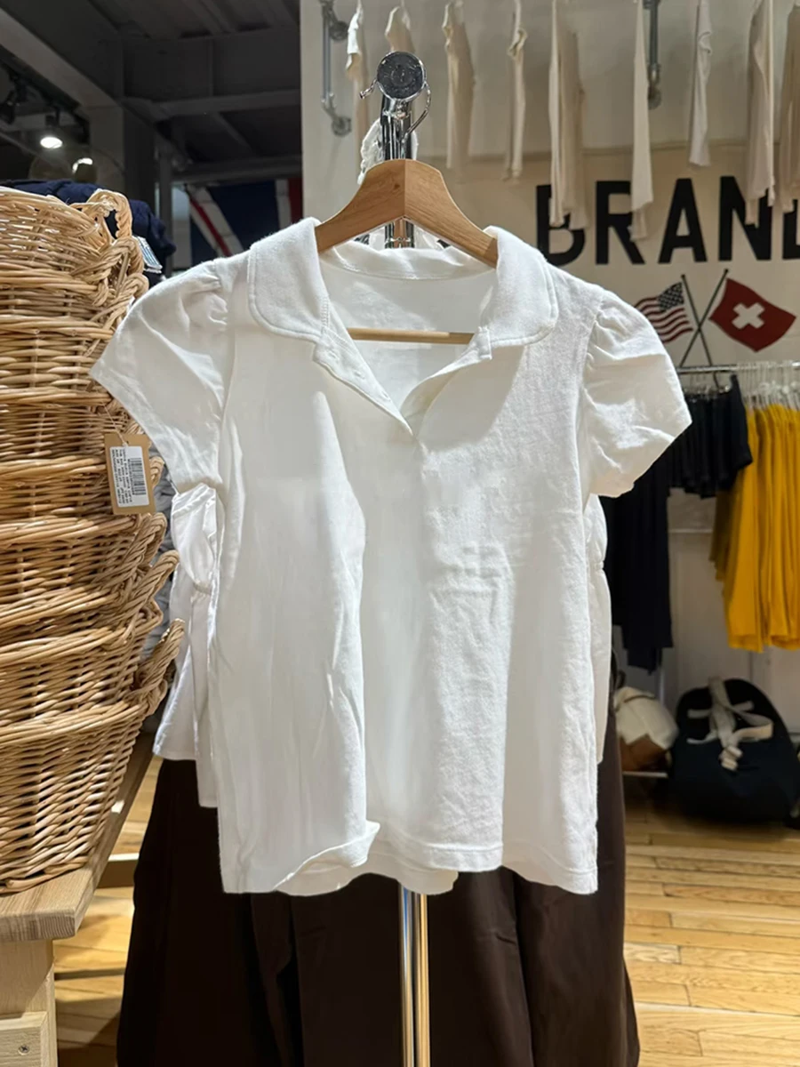 

Three Buttons White Short Puff Sleeve T-shirts Summer Turn Down Collar Cotton Tees Women New Solid Simple Slim Tshirt Y2k Tops