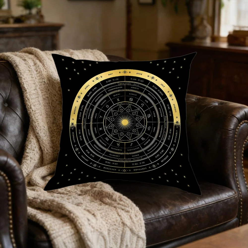 1Pc Mystical Astrology Chart Cushion Cover Black Golden Zodiac Wheel Pillowcase For Sofa Bedroom Decorative Throw Case Soft
