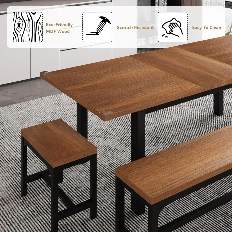 5Pcs Dining Table Set for 4-8 People, Extendable Kitchen Table Set w/ 2 Benches & 2 Square Stools, Mid-Century Dining Room Desk