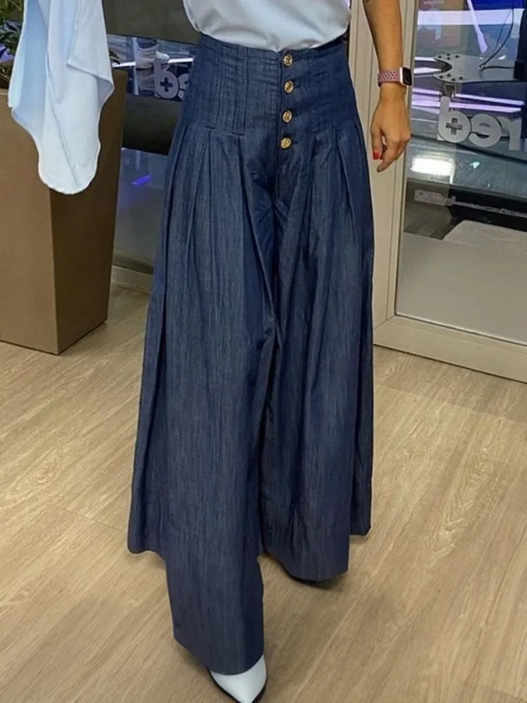 

Missuoo 2025 Women Loose Fit Jeans High Waist Buttoned Wide Leg Pleated Long Pants Summer Casual Faux Denim Trousers Bottoms