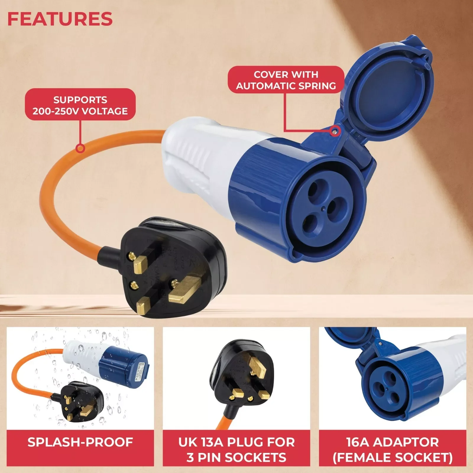 1PC 3Pin 16A 240V Mains Hook Up European UK Style Plug With Industrial Plug Power Assembly Female Power Cord Camper Motorhome ﻿
