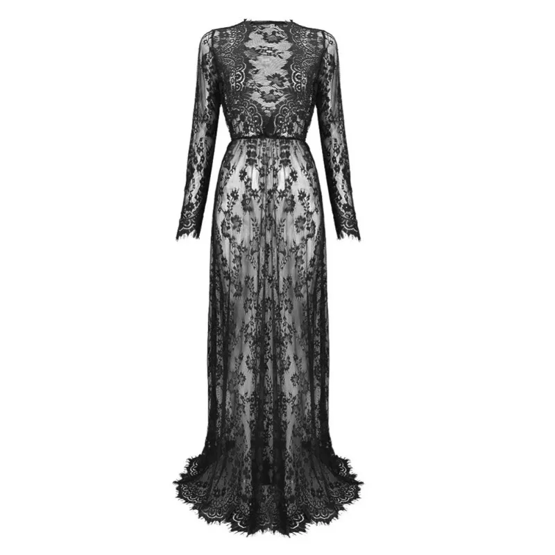 Vintage Sexy Women's Maxi Dress Transparent Lace Deep V Neck Long Sleeve See through Beach Photography Prop Gown view 3