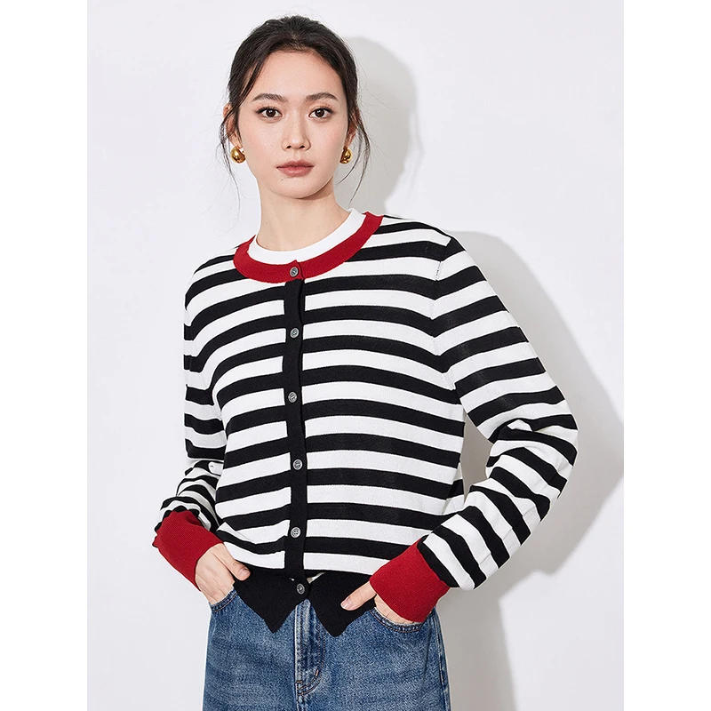 TOYOUTH Women Knitwear 2025 Spring New Round Neck Contrast Striped Single Breasted Button Cardigan Woolen Coat Tops