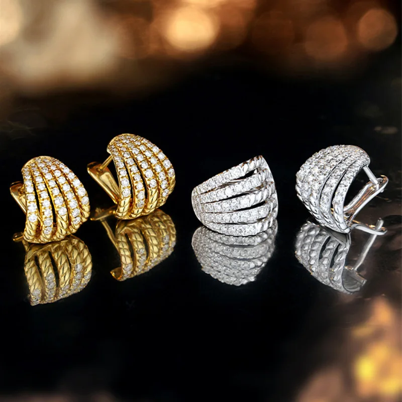 Fashion Lady Stainless 925 Sterling Silver Earrings Multilayer Shiny Zirconia Jewelry Stylish Sparkling Gold Color Accessories