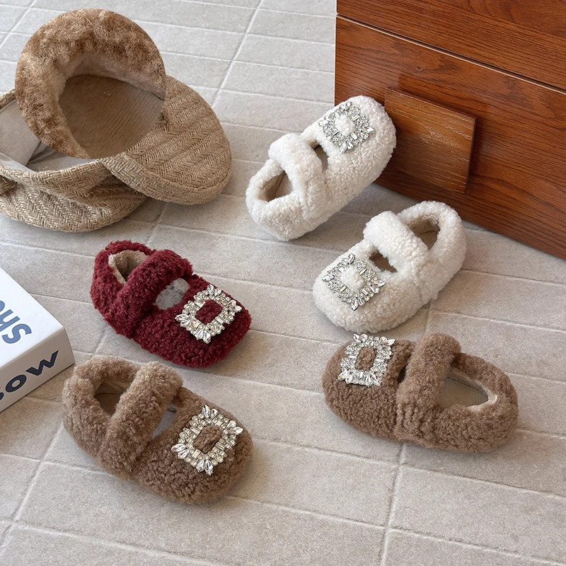 

Children Fur Shoes 2025 Winter Kids Warm Plush Shoes For Girl Flat Loafers Rhinestone Moccasins Girls Casual Shoes Khaki, Beige
