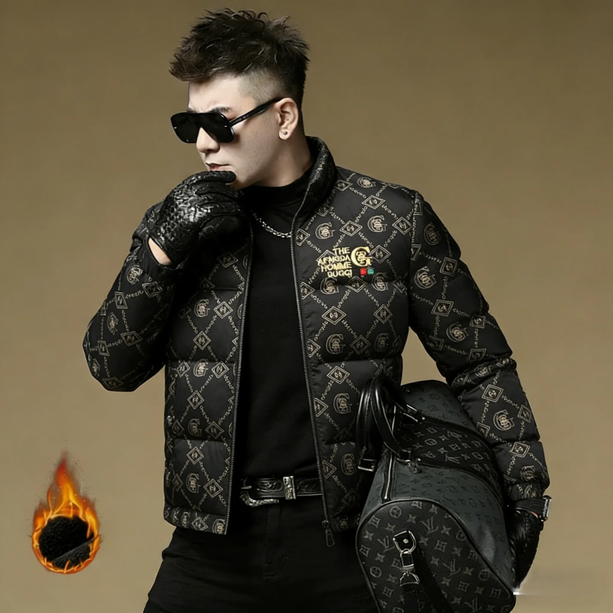 

Thiened Printed Stand Collar down Jaet Men's Winter Warm Coat Windproof Regular Fit Long Sve Zipper Closure Polyester ...