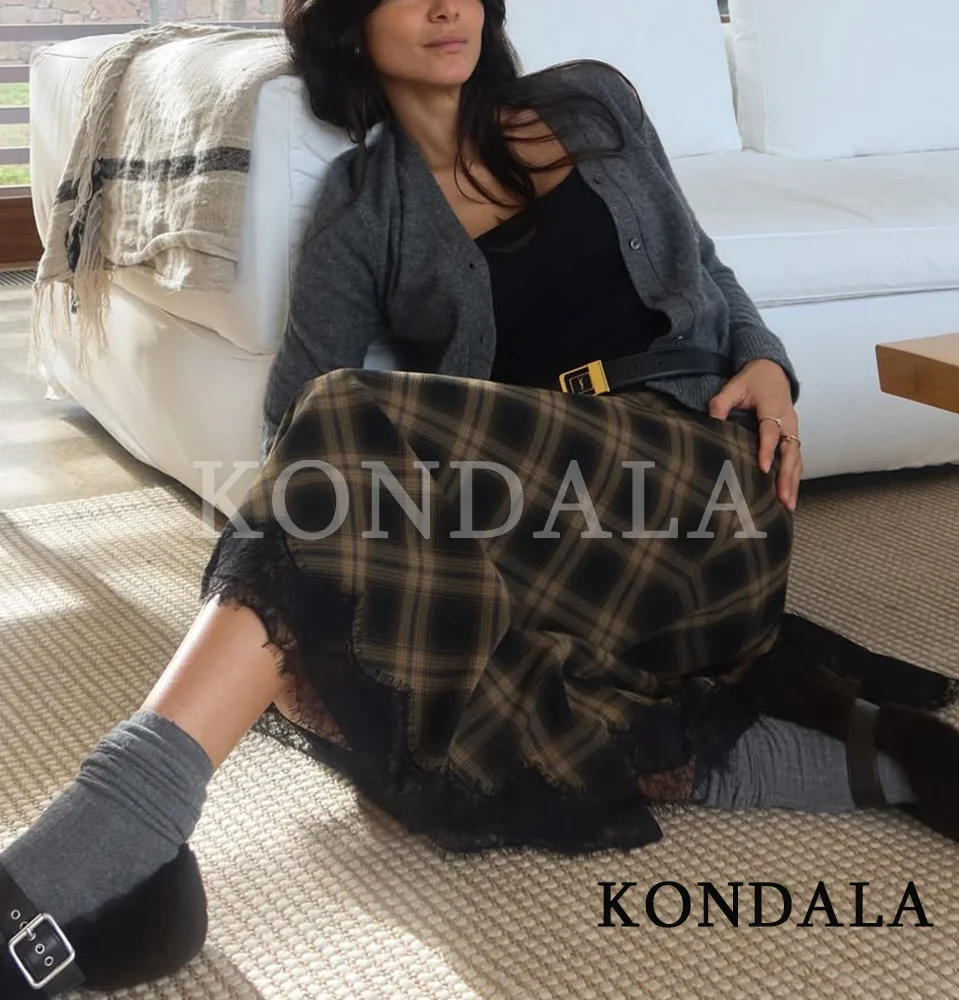 KONDALA Elegant Plaid Lace Hem Skirt Women Trendy High Street Midi Skirt New 2026 Spring Summer Fashion Holiday Chic Lady Skirt