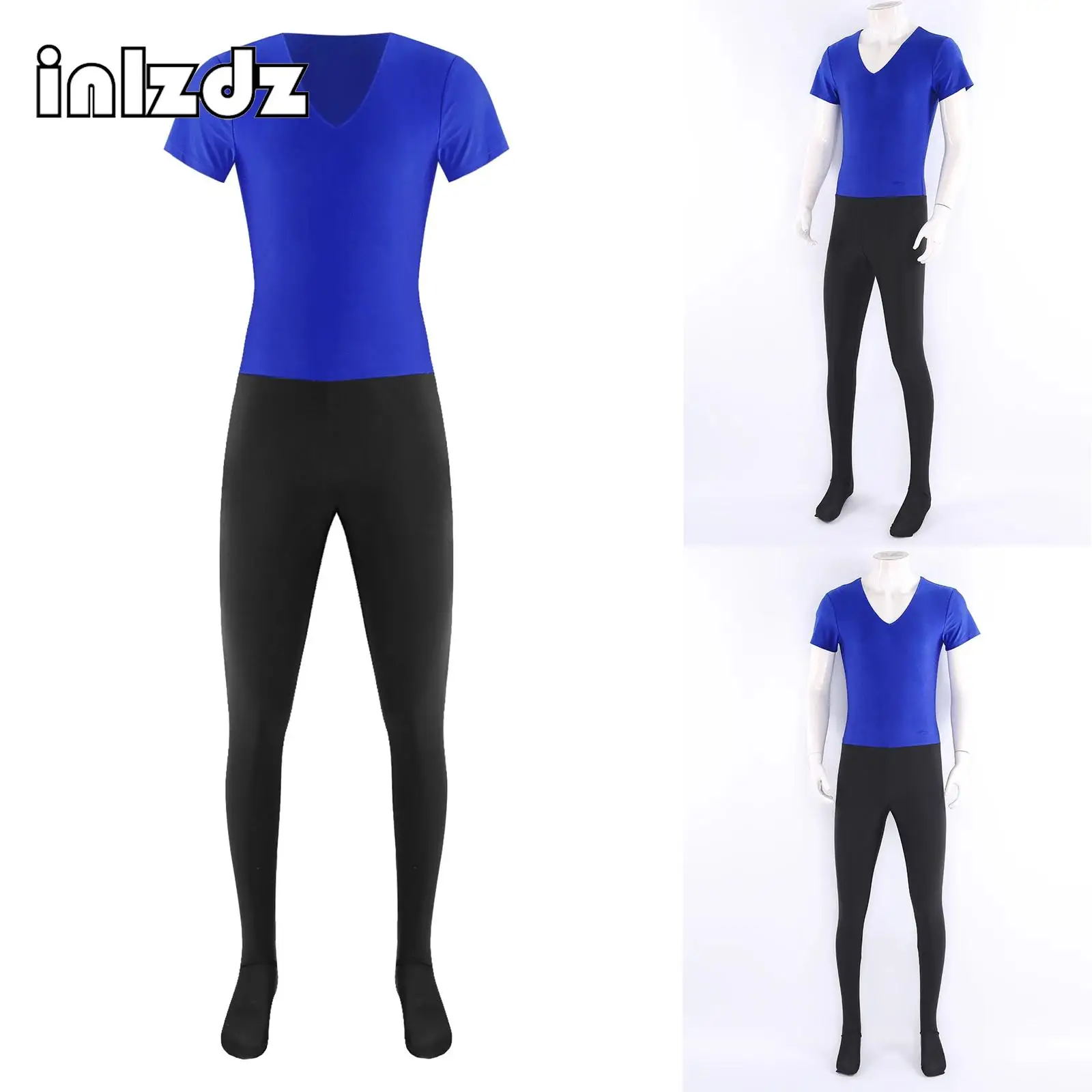 

Men's Ballet Dance Unitard Jumpsuit V Neck Short Sleeve Leggings Long Pants Contrast Color One Piece Gymnastics Skating Bodysuit