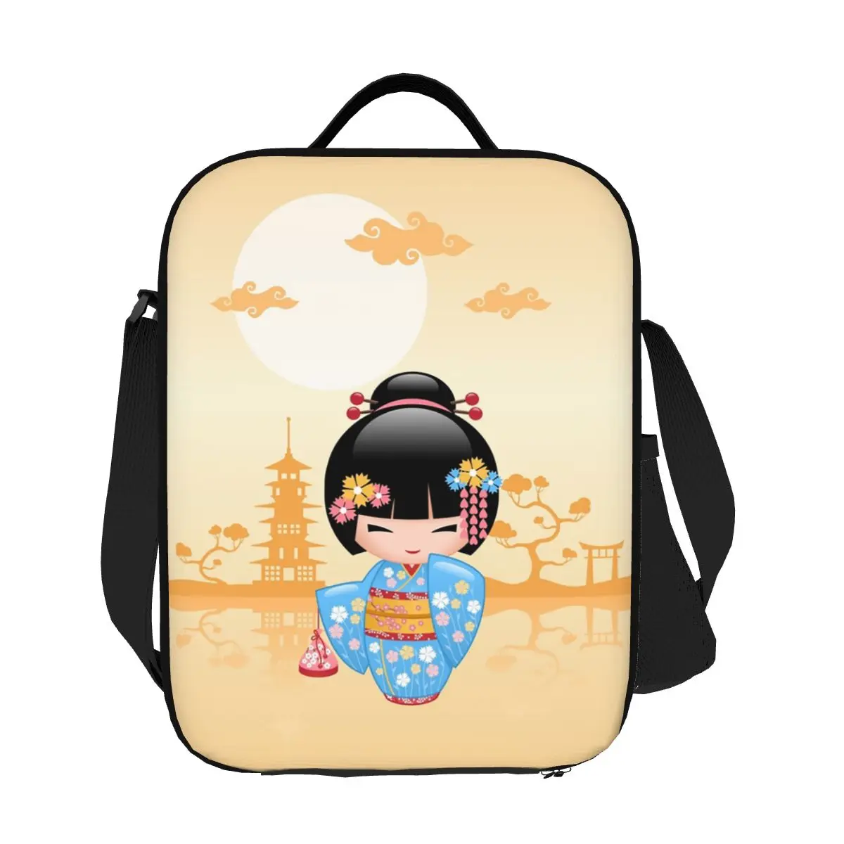 

Custom Japanese Maiko Kokeshi Doll Thermal Insulated Lunch Bag Women Cute Girly Vector Geisha Resuable Lunch Tote Bento Food Box