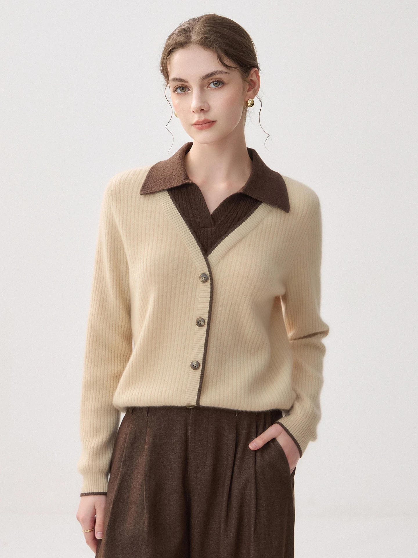 Fake Two-piece Long Sleeve Top Women New Autumn Winter 100% Cashmere Pullover Sweater High-end Lapel Knitwear Inner Warm