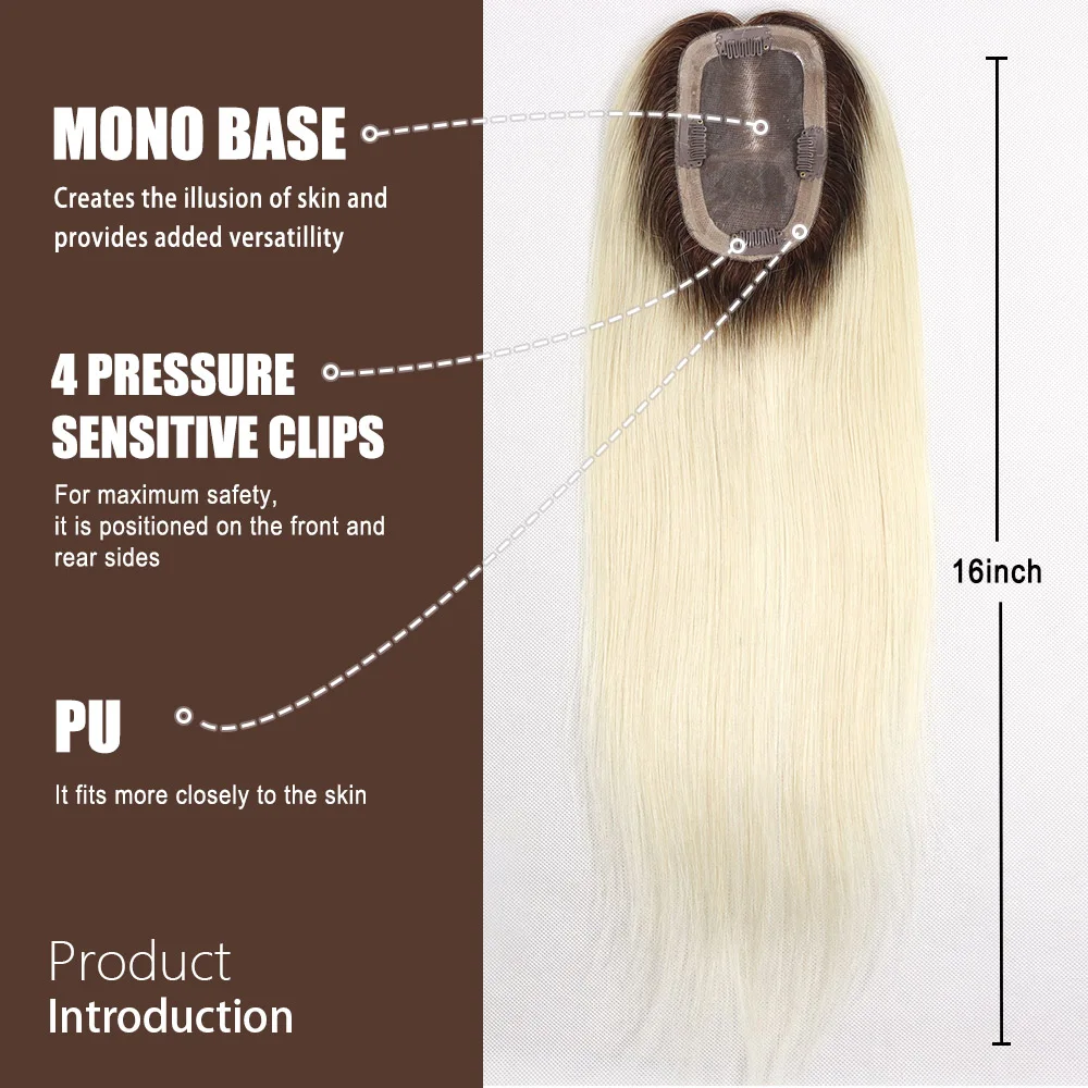 Ash Blonde 100% Remy Human Hair Toppers Clips In Lace Base Topper Hairpiece for Women Dark Roots Hair Extensions 16Inch Straight