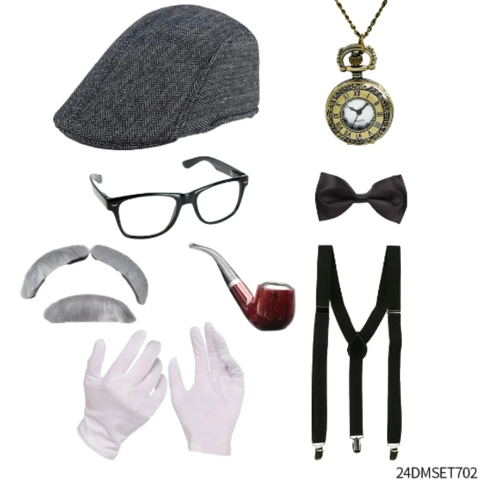 Opa verkleed met eendenbekkap, zakhorloge, stropdas, bril, pijp en andere accessoires geschikt voor feestdecoratie