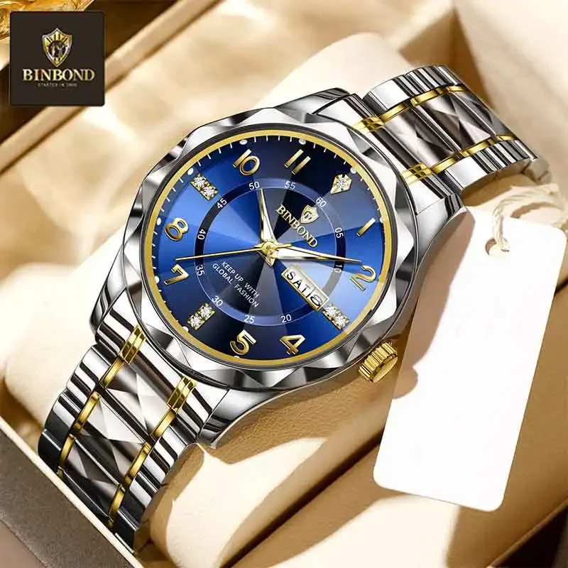 

BINBOND мужские часы с зеркалом в виде ромба, оригинальные кварцевые часы для мужчин, водонепроницаемые светящиеся наручные часы из нержавеющей стали, мужские часы с датой недели