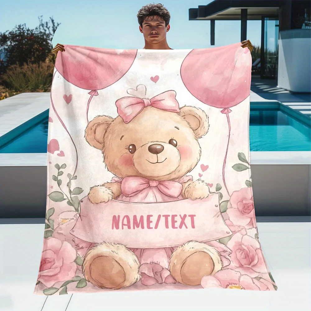 Custom Teddy Bear Blanket Cute Pink Plush Bear Name Personalized Soft Warm Throw for Bed Sofa Living Room Office Travel Gift