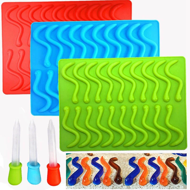 20PCS Creative Holes DIY Silicone Gummy Snake Worms Chocolate Mold Sugar Candy Jelly Molds Ice Tube Tray Mold Cake Decor Tools