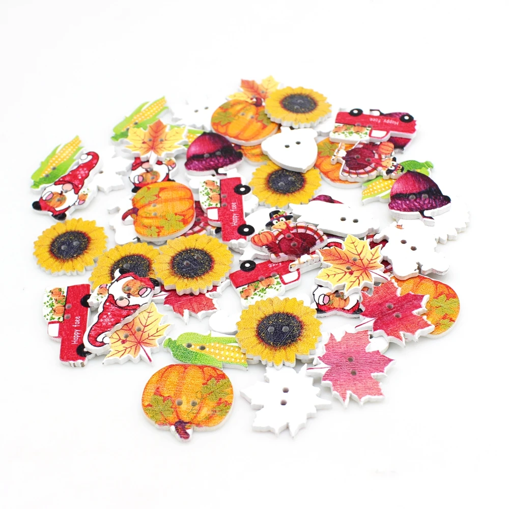 50PCs Cartoon Pastoral style Buttons Decorative Buttons Fit Sewing DIY Wooden Buttons Sewing Scrapbooking Accessories