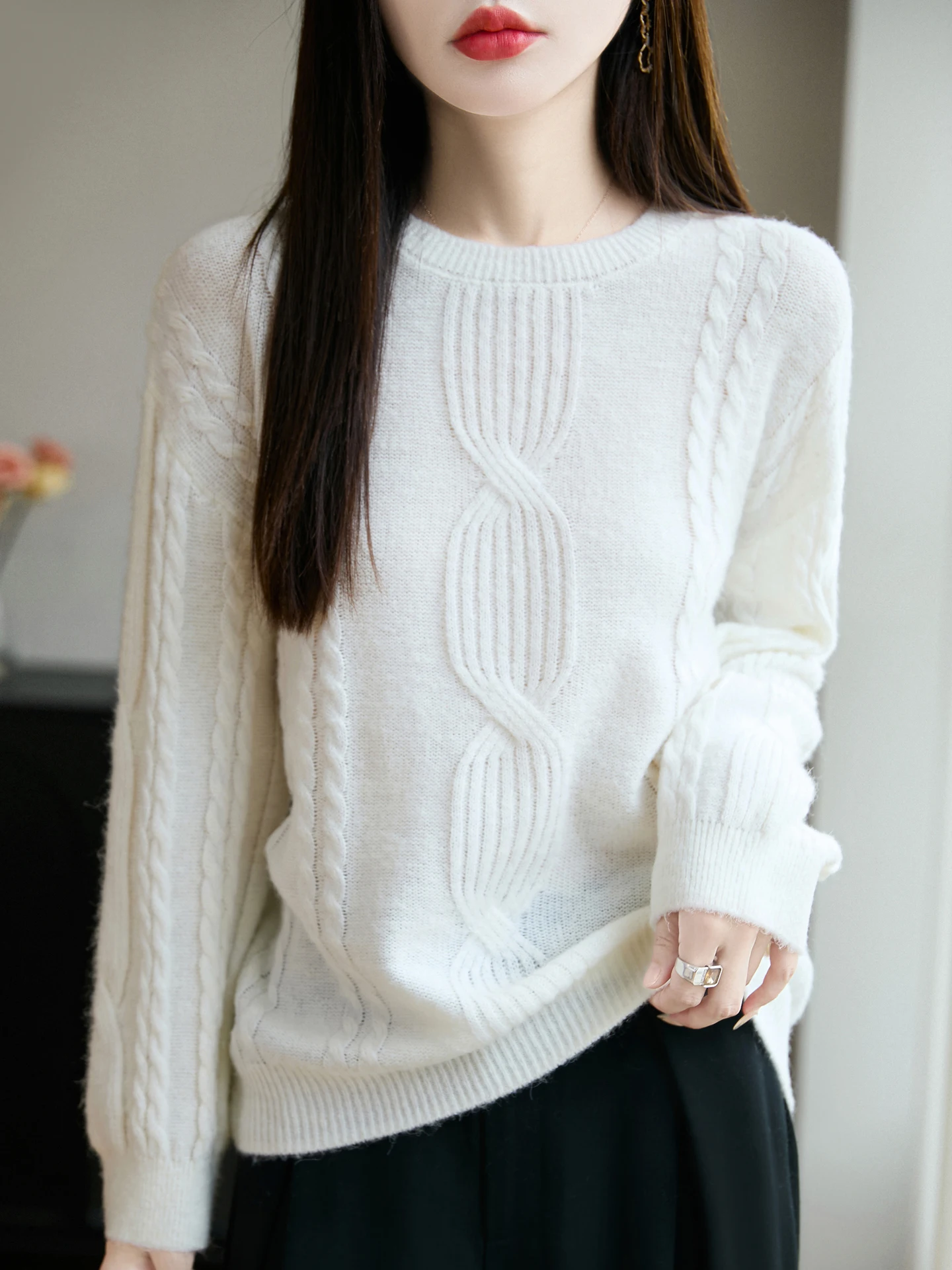 

100% Merino Wool O neck Cable Knit Soft Long Sleeve Pullover Sweater Women's Autumn Winter Warm Thickened Comfortable Clothing