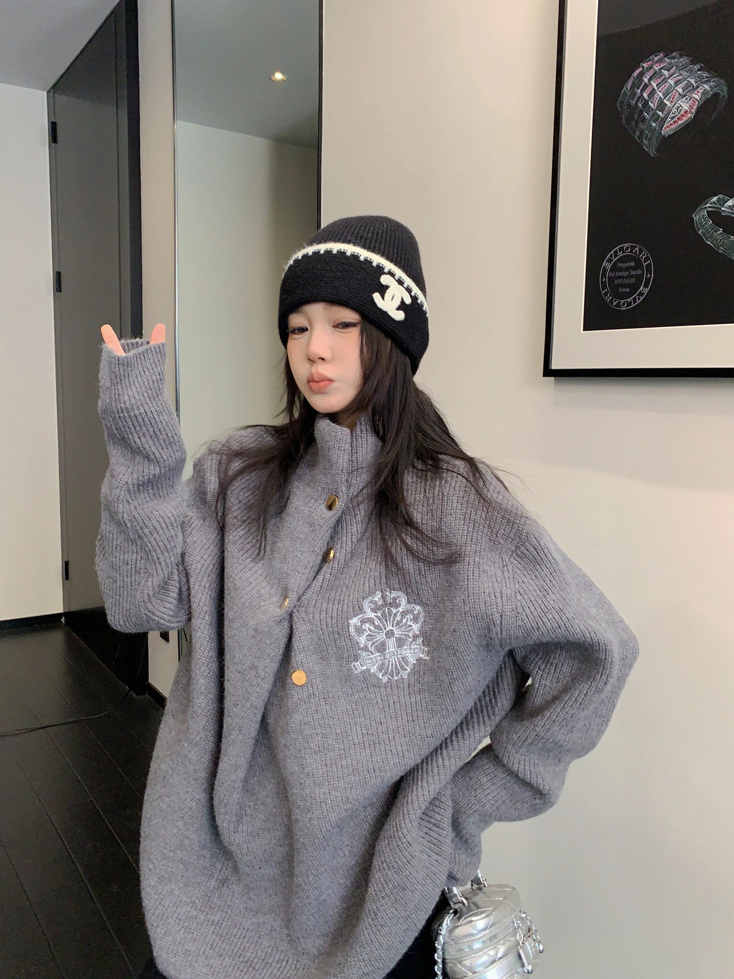 

Retro Sle Women's Thiened Loose Fit Sweater Button Detail High Ne Top Lazy Chic Design Online Exclusive Polyester Fiber