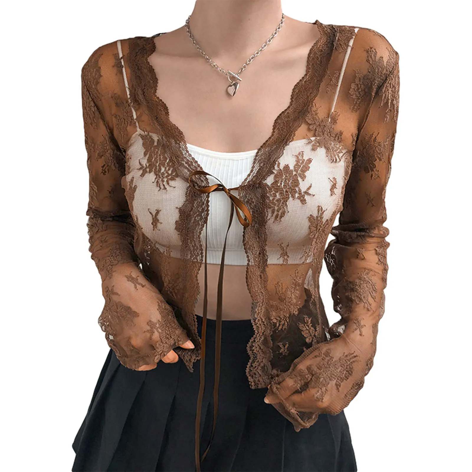 Women´s Sexy Sheer Shrug, Casual Long Sleeve Tie Up Floral Lace New Fashion Casual Cropped Cardigan