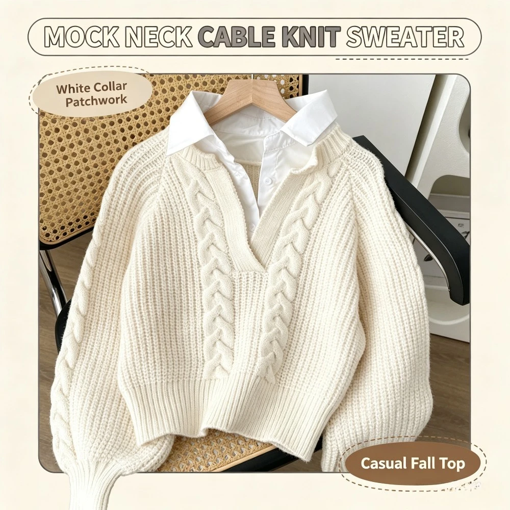 DAILOU New Autumn Women Fake Two Piece Shirt Collar Knit Sweater Lazy Style Contrast Gray Flip Collar Knitted Pullover Top