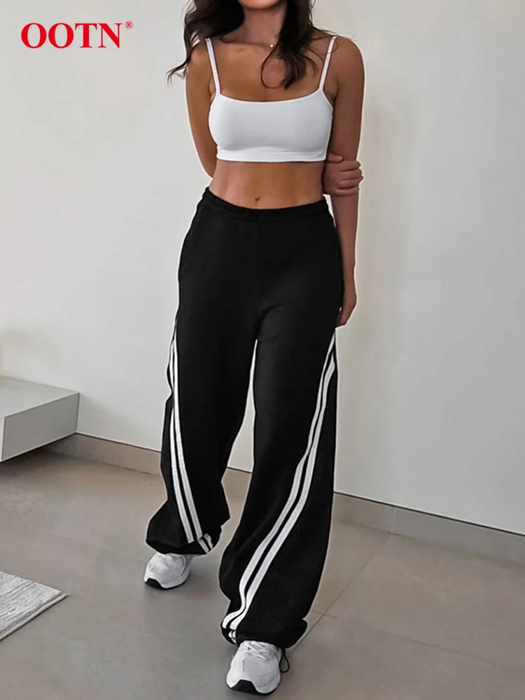 OOTN Fashion Black Long Pants Women 2024 Sports Patchwork Elastic Knitted Trousers Autumn Pockets Low Rise Waist Pants Female