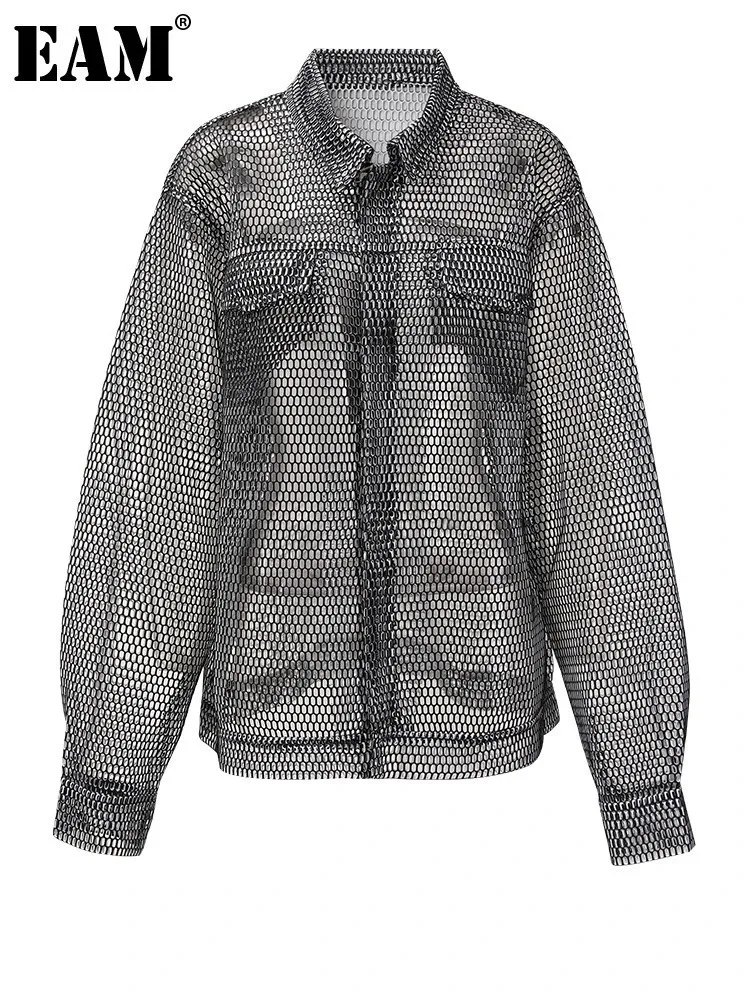 

[EAM] Women Black Hollow Out Perspective Big Size Blouse New Lapel Long Sleeve Shirt Fashion Tide Spring Summer 2024 CPG14960