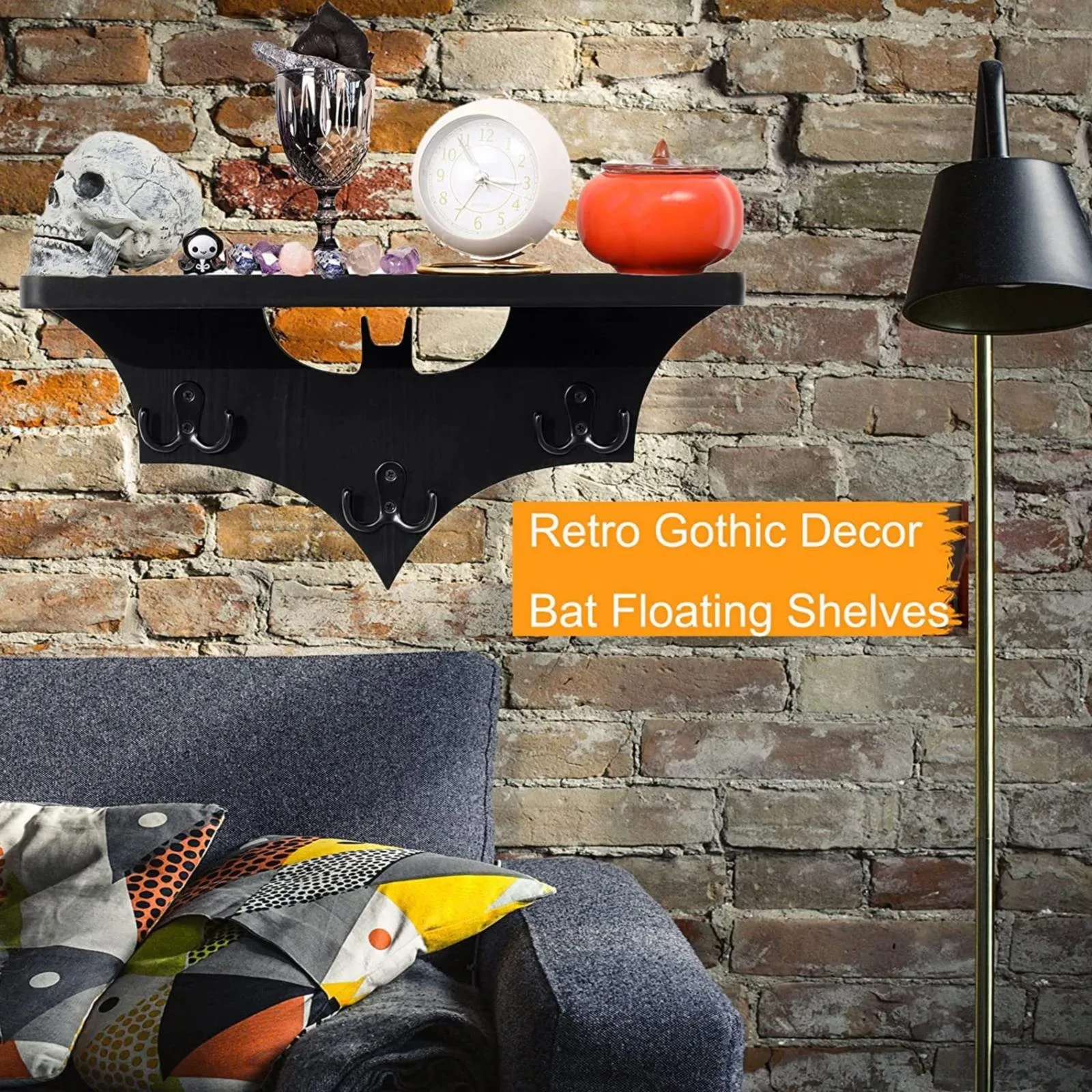 Étagère Gothique à Chauve-Souris Noire avec 3 Crochets à Clés, Décoration Murale pour Chambre à Coucher, Présentoir Mural pour la Maison