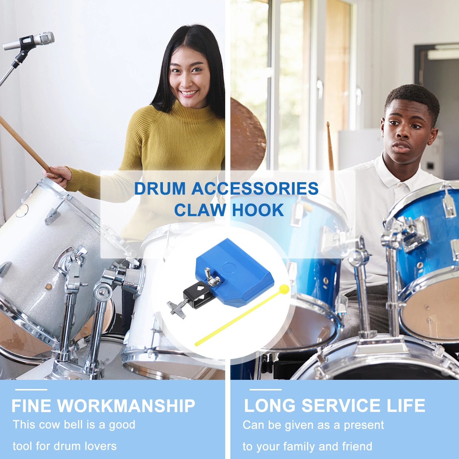 

1 set Plastic Cow Bell Percussion Instrument Drum Accessories Durable Light Weight Clear Sound Alloy Bracket for