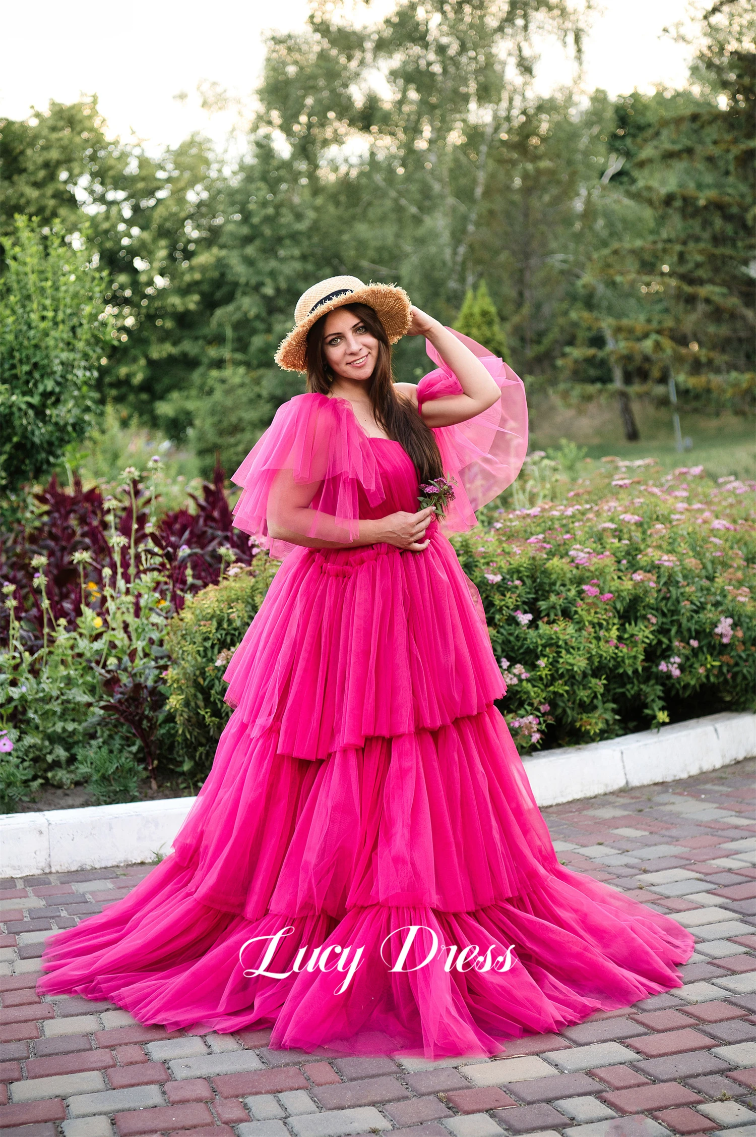 Lucy-vestido de graduación rosa roja para mujer, vestido de fiesta de cumpleaños en capas, línea A, malla de lujo, elegante, vestidos de noche para mujer