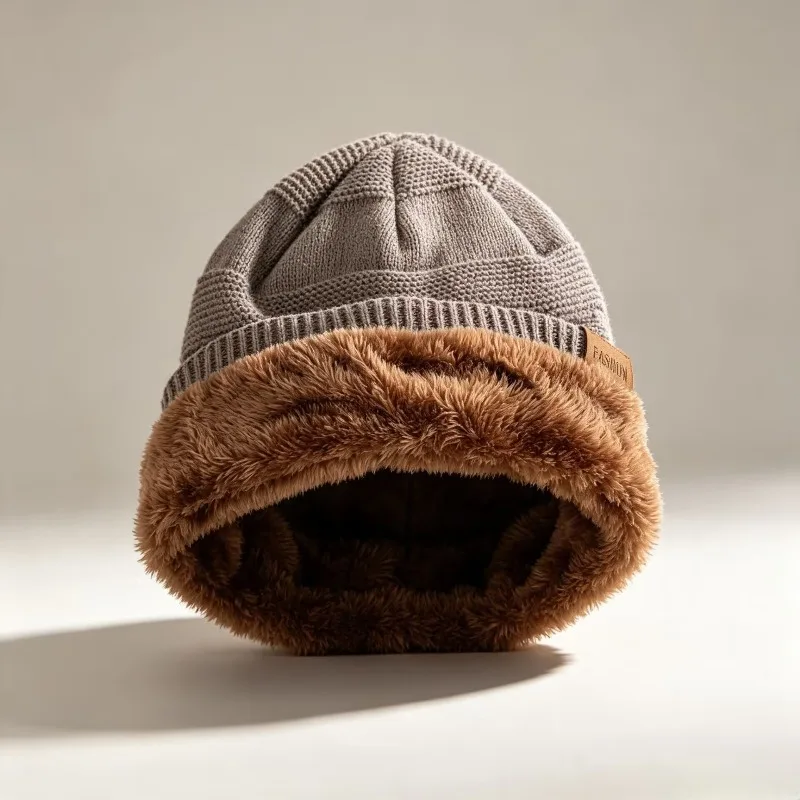 New Unisex Slouchy Winter Hats Add Fur Lined Men And Women Warm Beanie Cap Casual Label Decor Winter Knitted Hats view 2