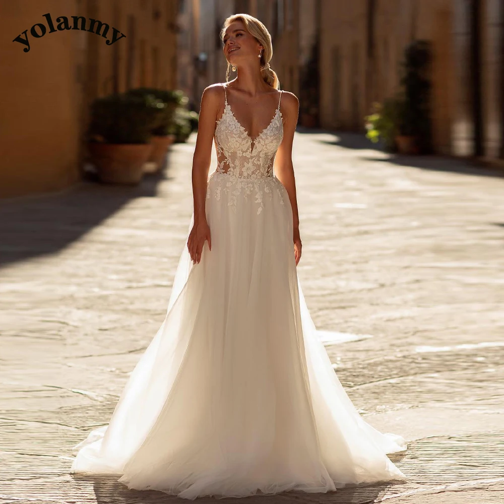 YOLANMY Attractive A-Line Wedding Dresses for Women Lace Appliques Spaghetti Straps Tulle Vestidos De Casamento Customized