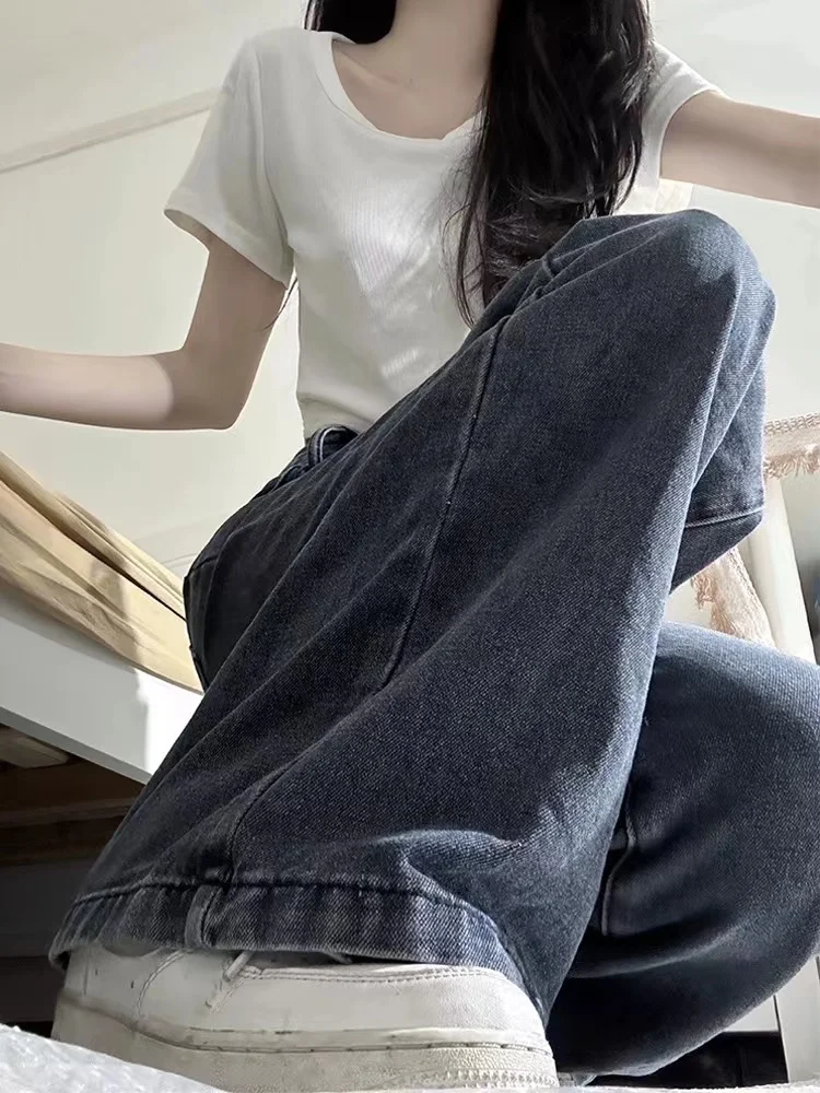 

Blue Grey Wide Leg Denim Jeans Women's Spring Autumn High Waist Loose Slim Straight Pants plus Size Fashion Ladies Jeans