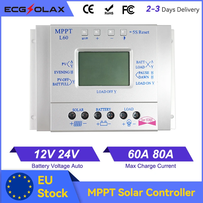 ECGSOLAX جهاز تحكم يعمل بالطاقة الشمسية MPPT 60A 80A 12 فولت 24 فولت منظم الطاقة الشمسية للوحة شاحن بطارية ليثيوم الرصاص الحمضية
