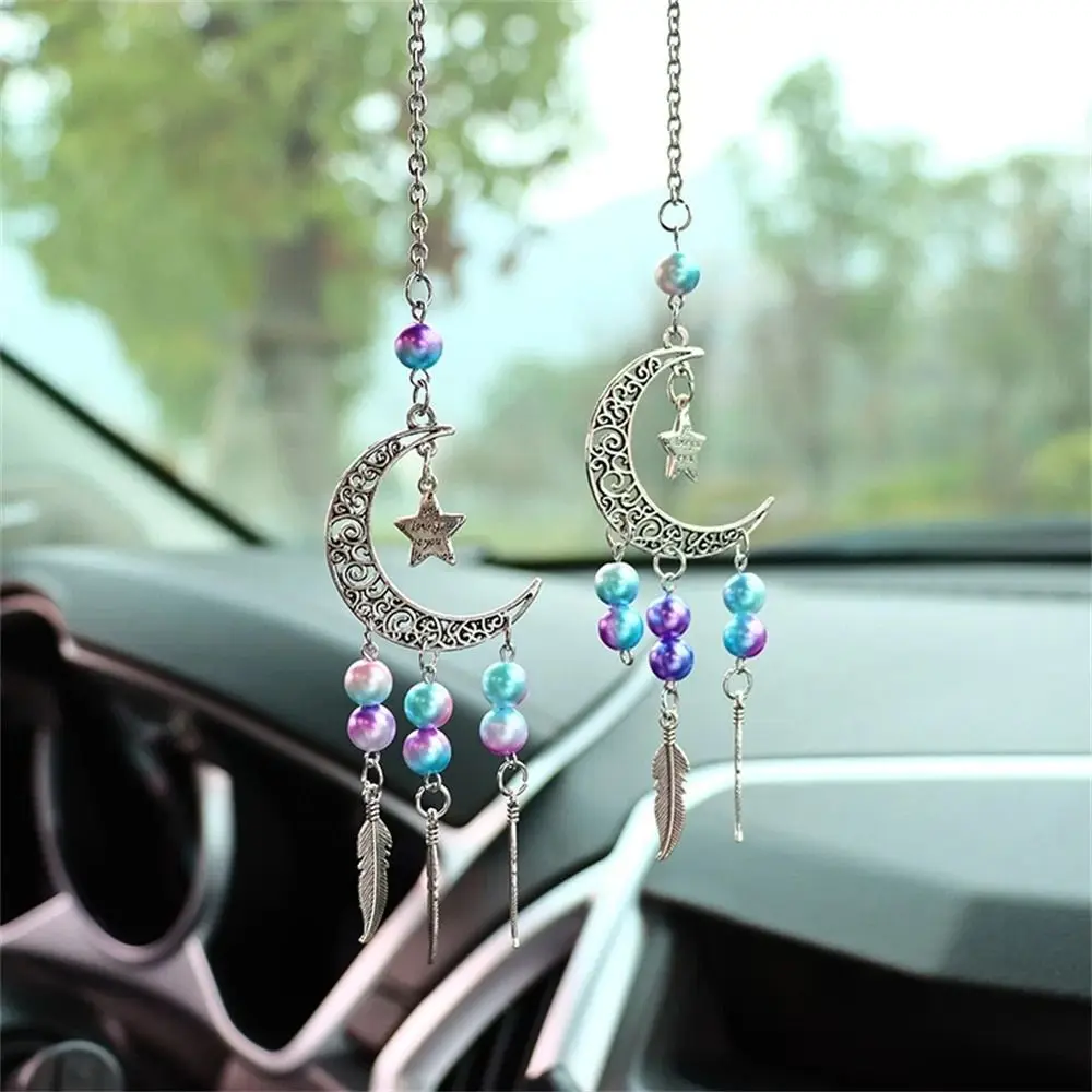 Car Interior Pendant Rearview Mirror Hanging Ornaments Dreamcatcher Moon Car Decoration Beads Stylish Car Accessories