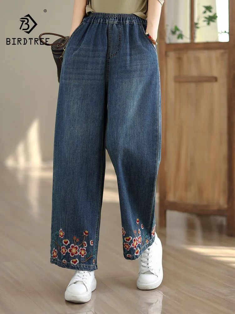 

Новые осенние джинсовые хлопковые джинсы 2025 года, женские свободные широкие брюки с эластичной резинкой на талии и цветочной вышивкой, Mori Girl OL, B59288CC